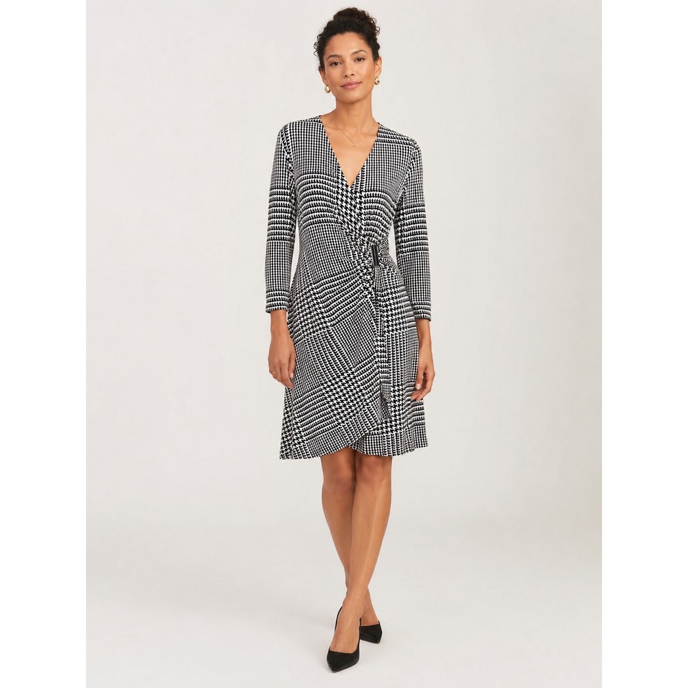 Calvin Klein Womens Houndstooth Faux Wrap Dress Size S Black White Career Chic